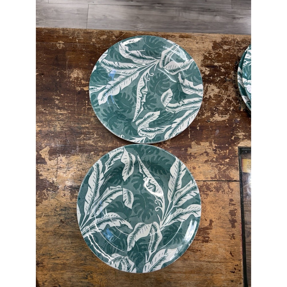 Vintage Pair Of Tepco Green Palm Banana Leaf Salad Bowls Lunch Plates 9.25"